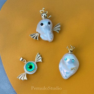 Collana di perle barocche di Halloween: fantasma, demone, gatto in argento sterling