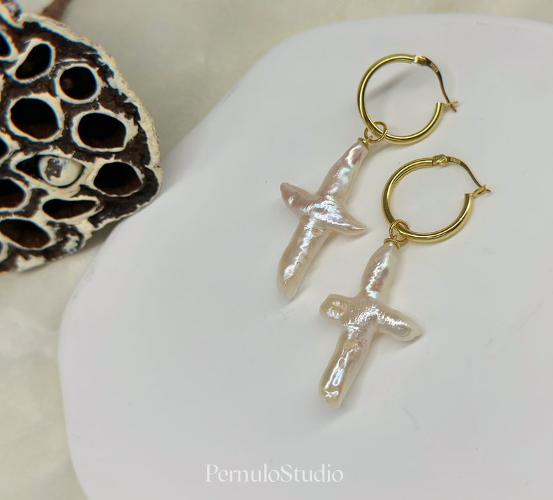 Pearl Cross Hoop Earrings Freshwater Pearl Dangle Earrings bridal ...