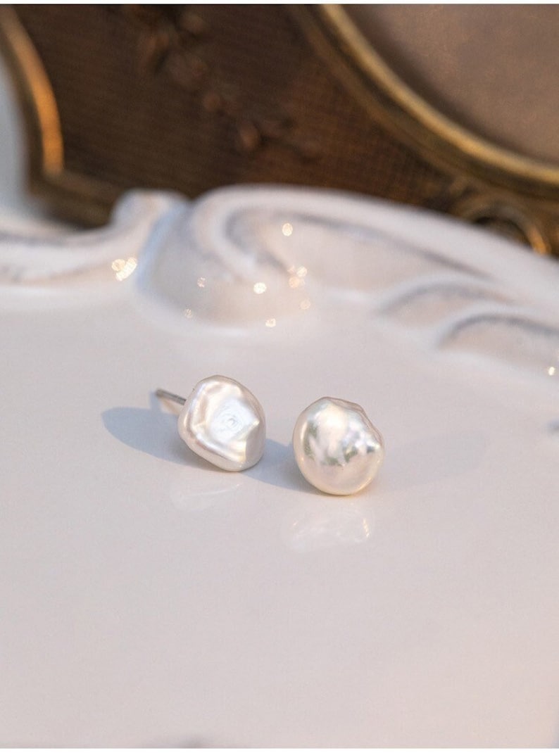 Small Baroque Pearl Ear Studs Dainty Freshwater Keshi Pearl Earrings Tiny Ear Studs Sterling Silver 18K Gold image 1