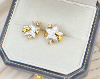 Baroque Star Pear |Bridal Earrings | Starry Night Pearl Earrings: Celestial Elegance with Golden / Silver Accents
