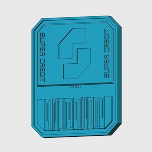 Pode incluir: Um token retangular turquesa com as palavras "SUPER CREDIT" nas laterais. O token tem um grande "S" estilizado no centro e um design semelhante a um código de barras na parte inferior.