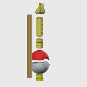 Può includere: Un giocattolo Pokeball smontato con una parte superiore rossa e bianca, una base grigia e un bastone giallo e marrone.