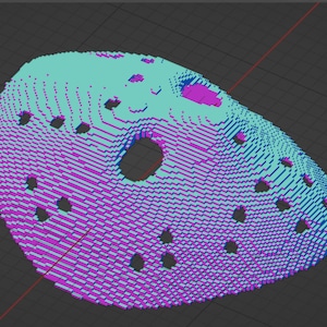 Puede incluir: Un modelo impreso en 3D de una semiesfera con un gran agujero en el centro y varios agujeros más pequeños alrededor del borde. El modelo está impreso en un esquema de color azul claro y morado.