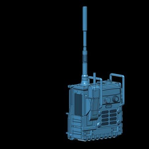 May include: A light blue, three-dimensional digital model of a portable two-way radio. The device features a tall, vertical antenna, a rectangular body with a front-facing speaker grille, several control knobs, and a side-mounted belt clip.
