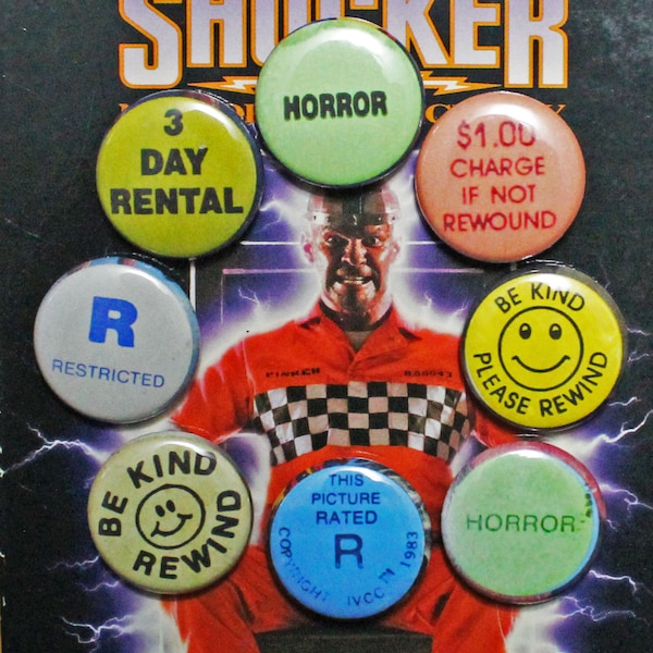 VHS Rental Sickers - Video Tape Rental Store Inspired Pin - Pinback Button Set - Be Kind Please Rewind