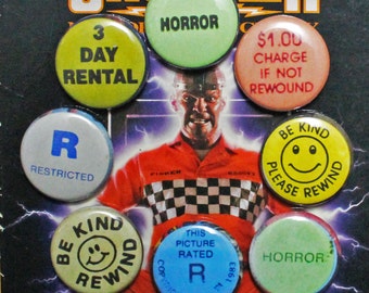 VHS Rental Sickers - Video Tape Rental Store Inspired Pin - Pinback Button Set - Be Kind Please Rewind