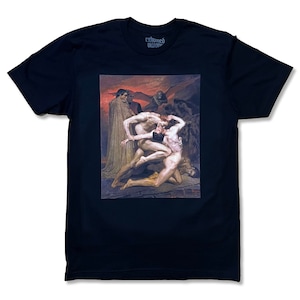 May include: Black t-shirt with a graphic print of a painting depicting a scene of two figures embracing in a dark, dramatic setting. The text "Exhumed Vision" is printed on the shirt.