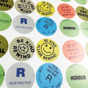 Vintage Style - VHS Rental Stickers - Lot of 8 Vinyl Stickers 1.25&quot;