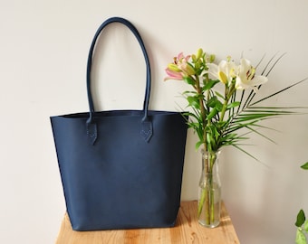 Oversized Blue Leather Tote Bag, Big Simple Tote, Minimal Bag in Blue Leather