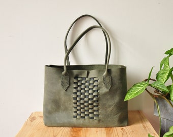 Weave Leather Tote Bag / Leather Bag / Leather Purse / Simplistic Tote / Minimalist Bag in Forest Green and Blue Leather