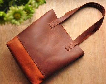 Simple Leather Tote Bag / Leather Bag / Leather Purse / Simplistic Tote / Minimalist Bag in Chocolate and Tan Leather