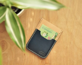 Veg Tan Card Holder in with Navy Blue Leather, Thin Card Holder