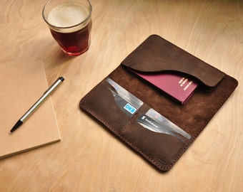 Brown Leather Passport & Boarding Pass Holder, Passport Case, Leather Passport Cover, Travel Wallet