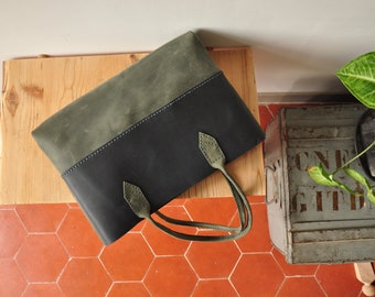 Simple Leather Tote Bag / Leather Bag / Leather Purse / Simplistic Tote / Minimalist Bag in Forest Green and Blue Leather