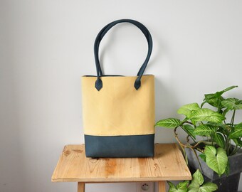 Simple Leather Tote Bag, Minimal Leather Bag, Teal & Cream Leather