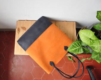 Simple Leather Tote Bag, Minimal Leather Bag, Sunset Orange & Navy Blue Leather