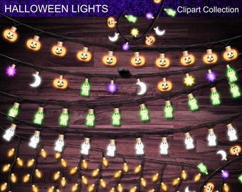 Könnte beinhalten: Ein Satz Halloween-Lichterketten mit verschiedenen Designs, darunter Kürbisse, Geister, Sterne und Monde. Die Lichter sind auf einem schwarzen Draht aufgefädelt und strahlen in einem warmweißen Licht. Die Lichter werden vor einem dunklen Holzhintergrund präsentiert. Der Text "HALLOWEEN LIGHTS" und "Clipart Collection" ist oben im Bild sichtbar. Der Text "Crafted In Digital" ist unten im Bild sichtbar.