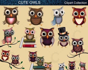 Niedliche Vintage Bunte Eulen - Eulen Clipart Collection