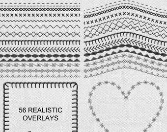 Sewing Stitches in Black  - 56 Straight, Curved, Rectangle and Heart Overlays
