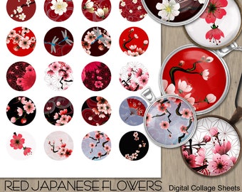 Red Japanese Flowers & Fans Round Collage Sheets (Digital Download)