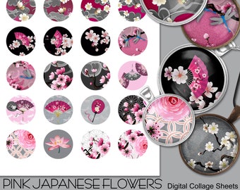 Pink Japanese Flowers & Fans Round Collage Sheets (Digital Download)