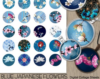 Blue Japanese Floral Collage Sheets: Round Pendants (Digital Download)