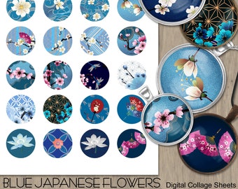 Japanese Flowers and Fans In Blue -Digital Collage Sheets -Round 1.5 inch 1 inch 0.5 inch 25mm 20mm 18mm