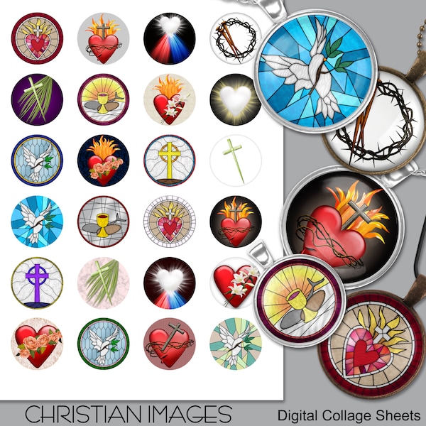 Christian Images - Religious Hearts & Stained Glass Digital Collage Sheets - Round 1.5 inch 1 inch 0.5 inch 25mm 20mm 18mm