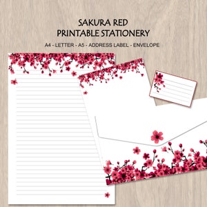 Sakura Red - Set di cancelleria stampabile con fiori di ciliegio rosso - Carta da lettere digitale - Pagine di diario stampabili