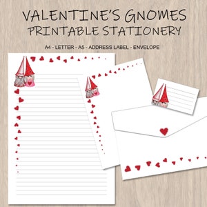 Conjunto de papelería imprimible de gnomos del día de San Valentín - Papel de carta digital - Páginas de diario imprimibles