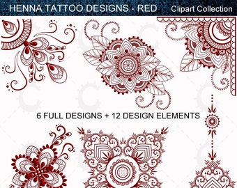 Henna Tattoo Designs, Mehndi Designs in Red - Clipart Collection