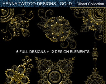 Dessins de tatouage au henné, dessins Mehndi en or - Clipart Collection