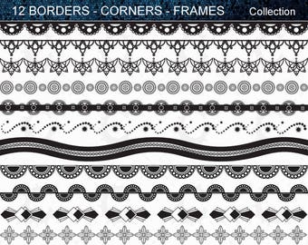 12 Decorative Borders with matching Corners and Frames - In Black - Vector Clipart