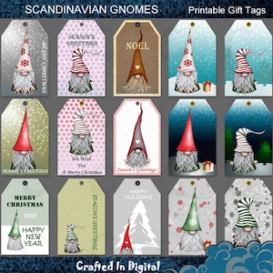 18 Gnomes de Noel scandinaves, Tomte, Nisse, Santa, Elf - Étiquettes cadeaux imprimables