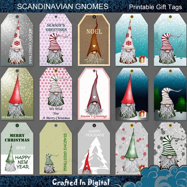 18 Scandinavian Christmas Gnomes, Tomte, Nisse, Santa, Elf - Printable Gift Tags