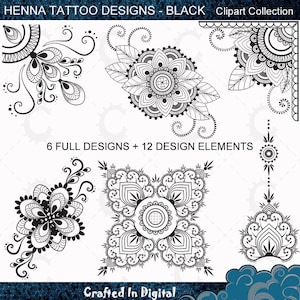 May include: A set of black and white henna tattoo designs, including 6 full designs and 12 design elements. The designs are intricate and detailed, featuring floral and geometric patterns.