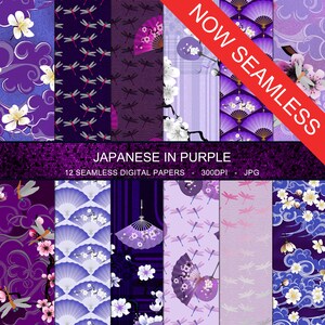 Peut inclure: Un ensemble de 12 papiers numériques présentant des motifs d'inspiration japonaise dans des tons de violet, bleu et blanc. Les motifs comprennent des fleurs de cerisier, des libellules, des éventails et des nuages.  "NOW SEAMLESS" et "JAPANESE IN PURPLE" sont écrits en texte rouge et blanc sur l'image.  Les papiers sont en 300 DPI et au format JPG.