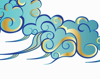 Aqua and Gold Japanese Clouds Clipart Collection - Etsy