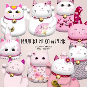 Maneki Neko en rose - Chat attirant, Chat ondulant, Chat chanceux Collection Clipart