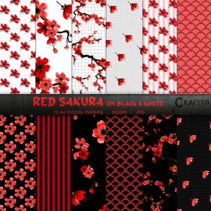 Red Sakura en blanco y negro - A4 Red Cherry Blossom Digital Paper Collection