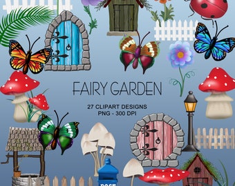 Fairy Garden Clipart Sammlung - Fliegenpilze, Feentüren, Schmetterlinge, Blumen und mehr
