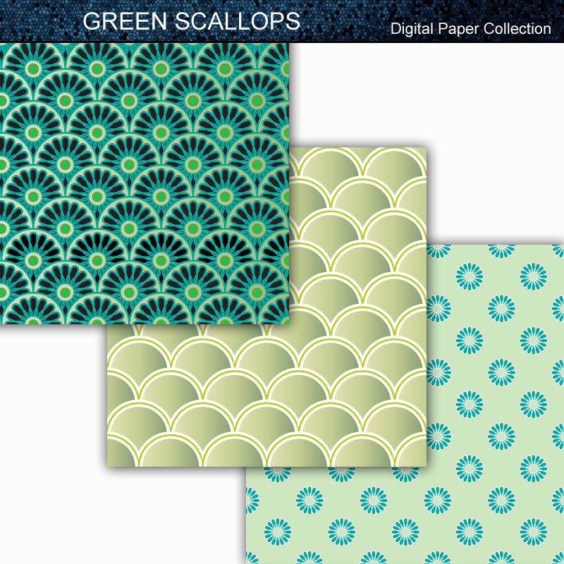 Green Scallops & Flowers - Digital Paper Collection 12x12 - Etsy