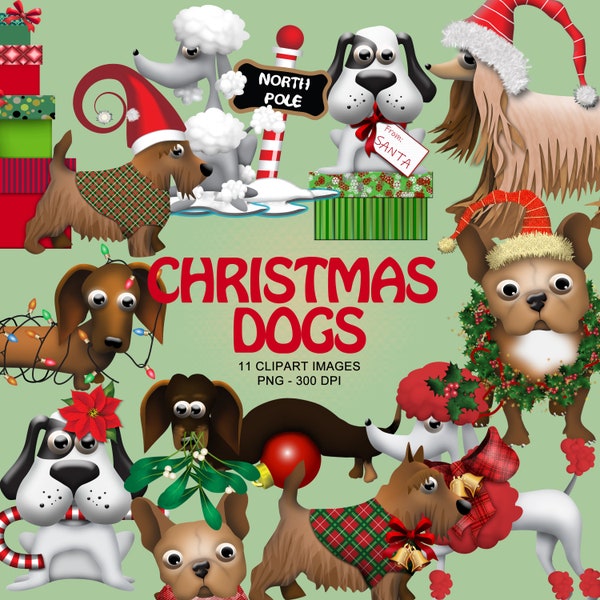 Christmas Dogs - Afghan, Scotty, French Bulldog, Poodle, Basset and Dachshund Christmas Clipart Collection