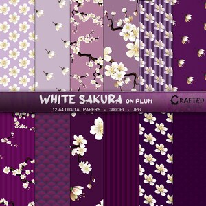 Sakura blanca sobre ciruela - A4 White Cherry Blossom Digital Paper Collection