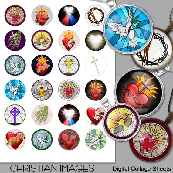 Religious Hearts & Stained Glass Images: Christian Collage Sheets (Digital Download)