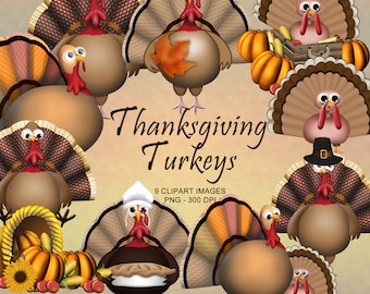 Thanksgiving Turkey Clipart: Fall Harvest PNG Graphics (Digital Download)