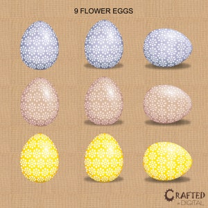 Pu&ograve; includere: Nove uova di Pasqua decorate con motivi floreali bianchi. Le uova sono di tre colori: azzurro, rosa chiaro e giallo.