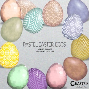 Pu&ograve; includere: Un set di 36 immagini di uova di Pasqua pastello in vari motivi, tra cui chevron, floreali e disegni geometrici. Le uova sono in tonalit&agrave; di rosa, giallo, verde, blu e viola. Il testo "PASTEL EASTER EGGS" e "36 EGG IMAGES JPG - PNG - 300 DPI" &egrave; incluso nell'immagine.