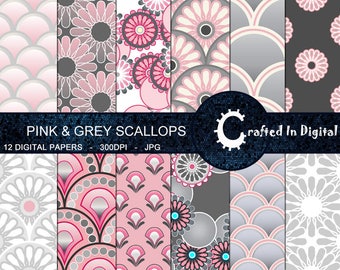 Pink and Grey Scallops & Flowers - Digital Paper Collection 12x12
