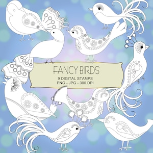 Fancy Birds Digitale Postzegels - 9 Zwart &Wit Moderne Vogel Digistamps